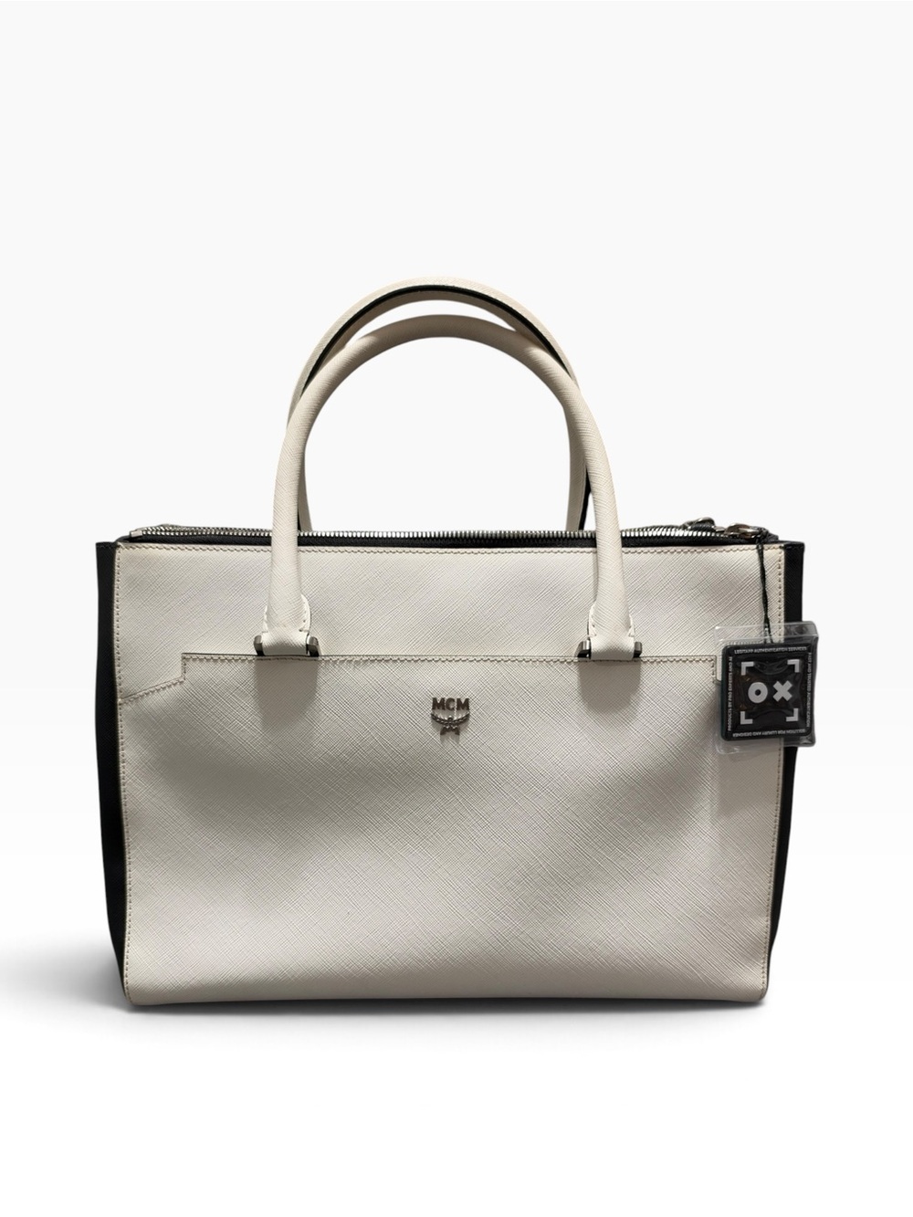 MCM Milla Large White Black Saffiano Leather Tote Bag